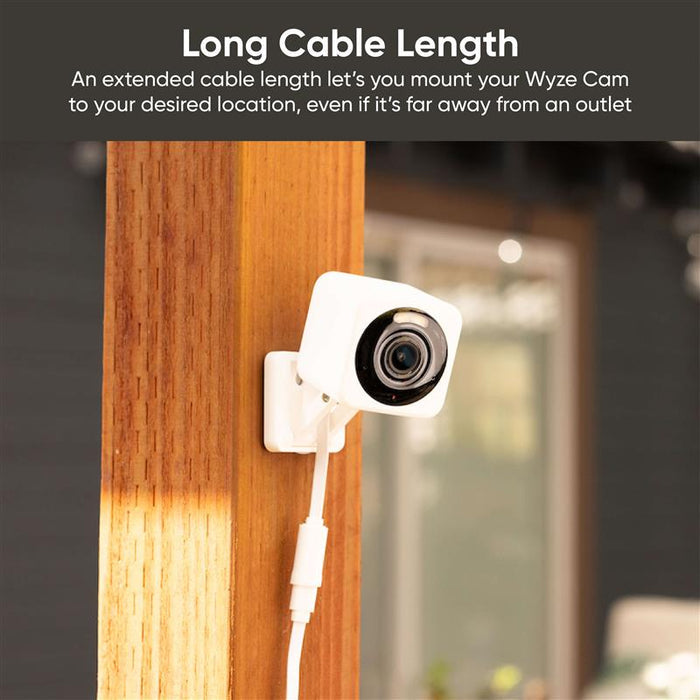 An extended cable length lets you mount your Wyze Cam on a wooden post.