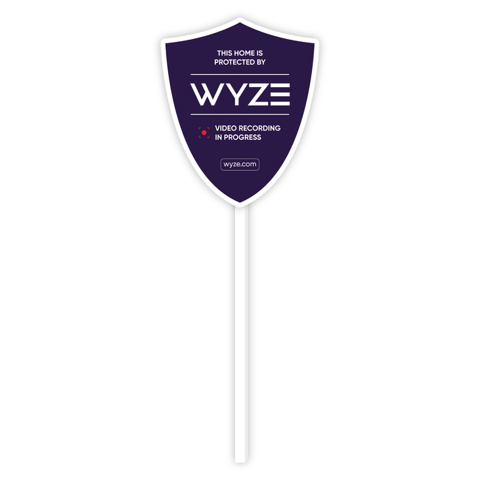A blue and white sign that says Wyze Security.