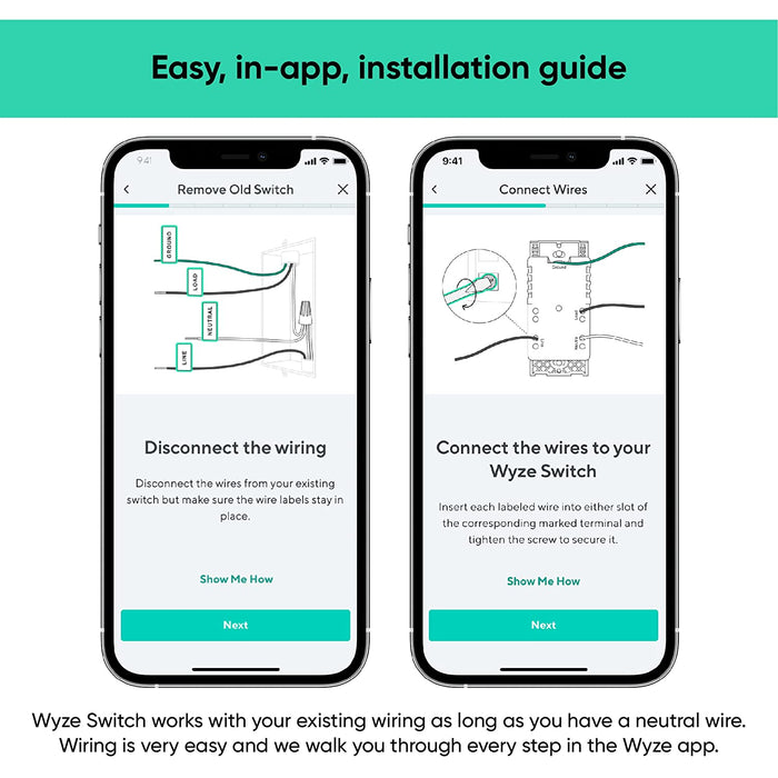 Easy, in-app installation guide for the Wyze Switch smart light controller.