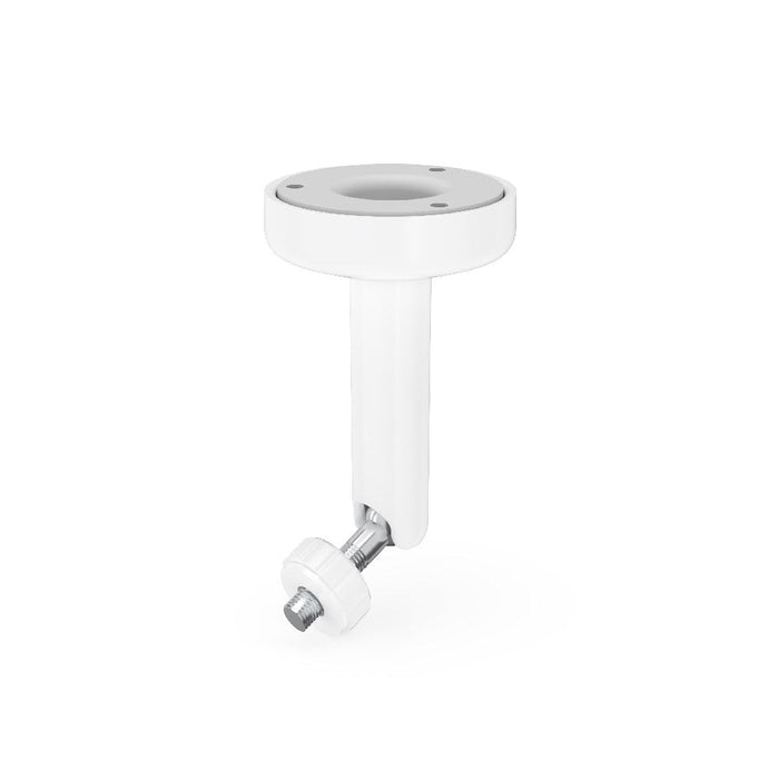 A white camera mount with a longer neck, designed for versatile mounting applications such as the ceiling or pa