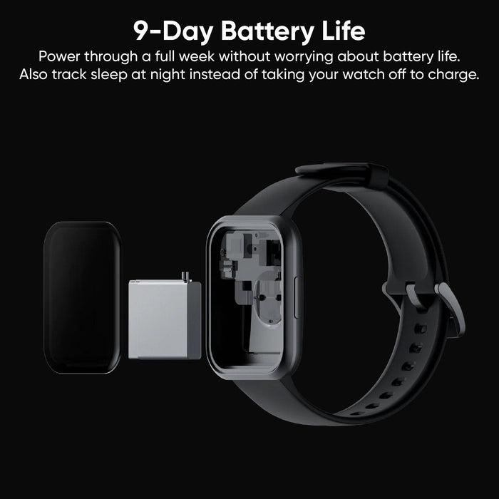 A black smartwatch with a charging port on the side.