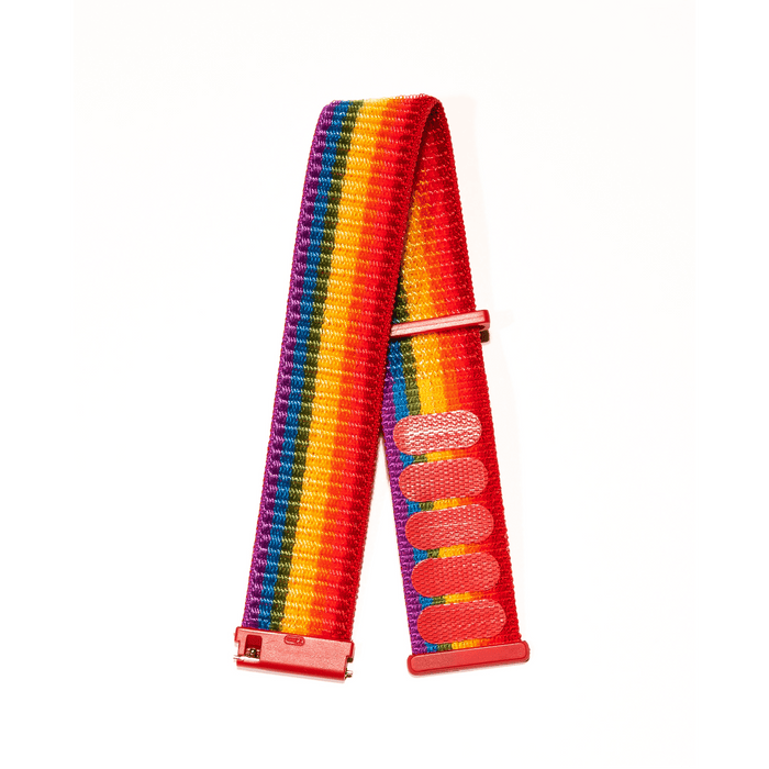 A rainbow colored strap for a watch.