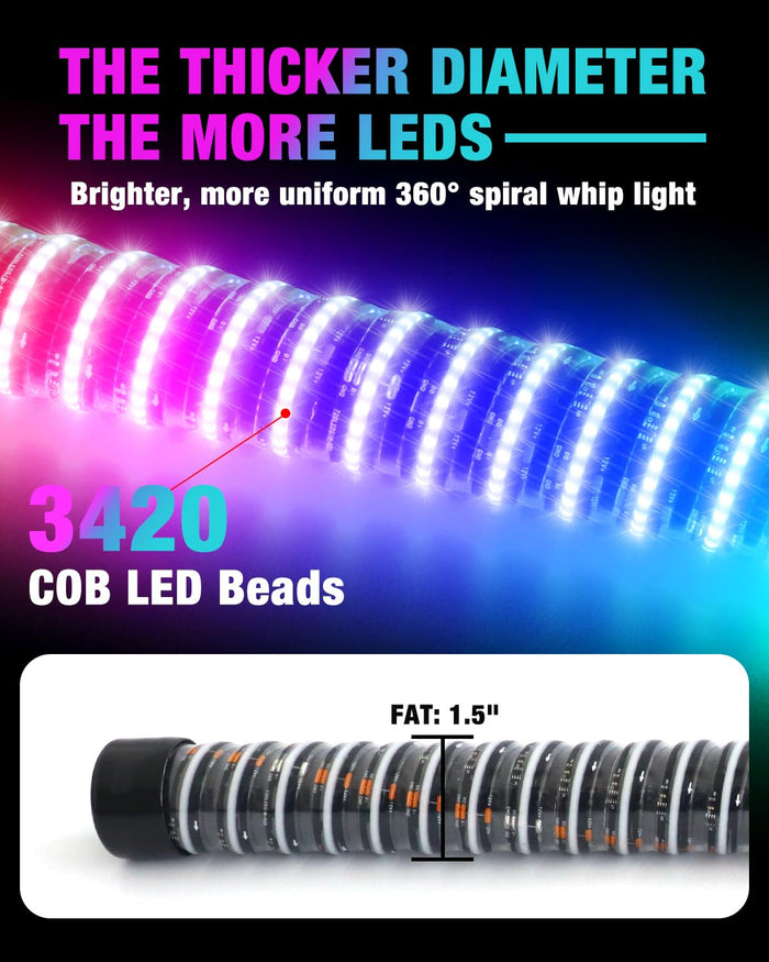 Xprite 1FT-4FT  RGB LED Fat Whip Lights for UTV ATV SXS | App & Remote Controlled Chasing Whip Lights