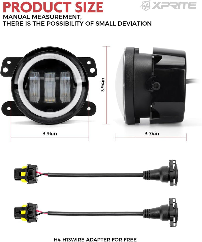 Xprite 4-Inch Round LED Fog Lights with White Halo Ring Angel Eye DRL for 2007-2018 Jeep Wrangler JK