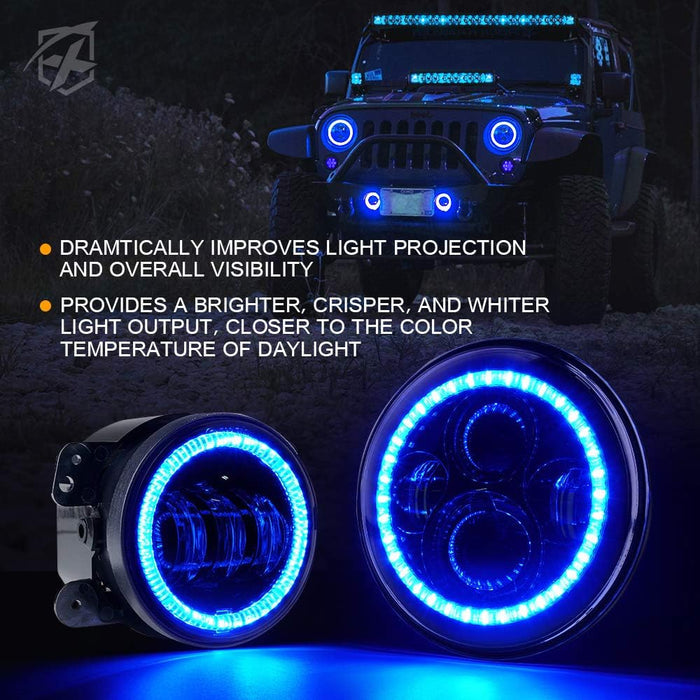 Xprite 7 inch 90W LED Headlights & 4 inch 60W Fog Lights Combo for 2007-2018 Jeep Wrangler JK