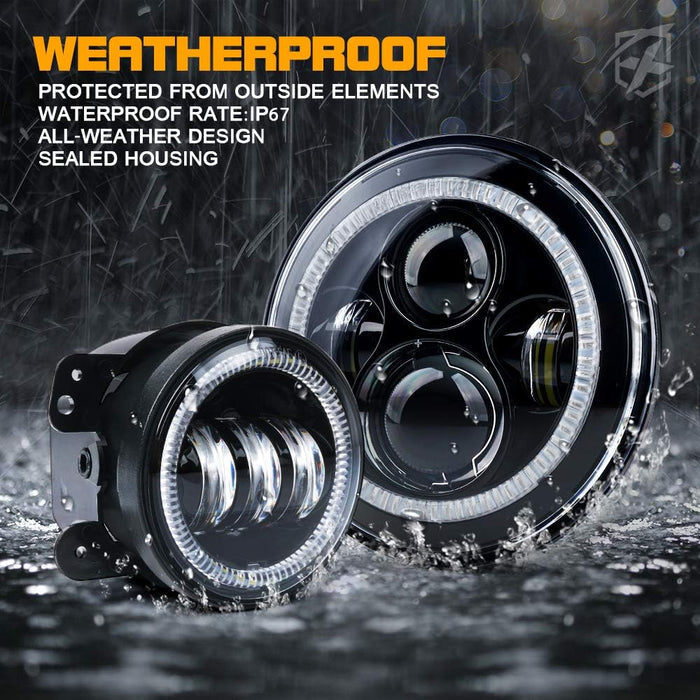 Xprite 7 inch 90W LED Headlights & 4 inch 60W Fog Lights Combo for 2007-2018 Jeep Wrangler JK