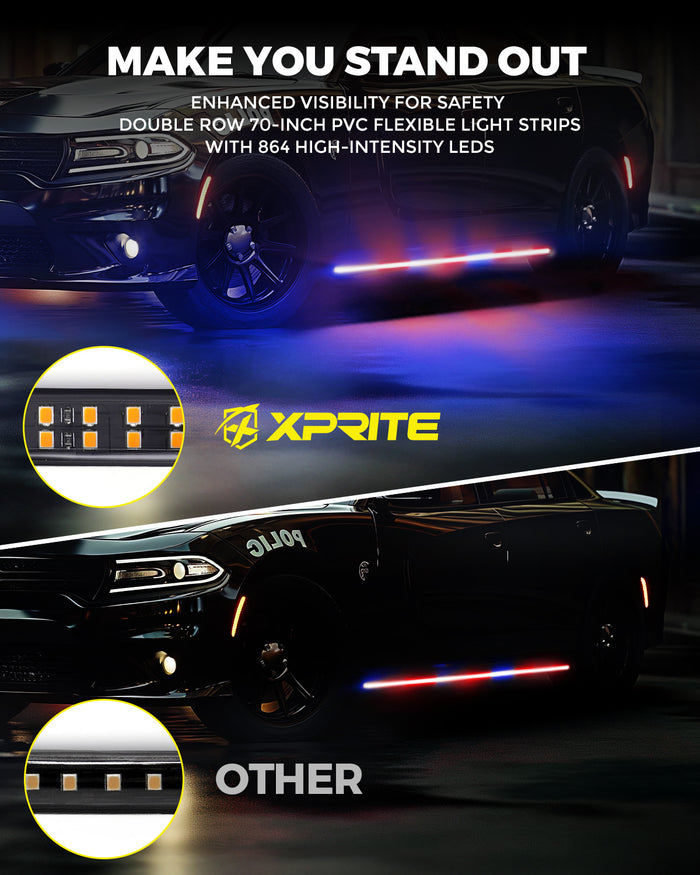 Xprite 70" LED Emergency Strip Lights – Flexible Running Board Strobe Light Strip