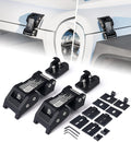 Set of black metal brackets and components on a white background