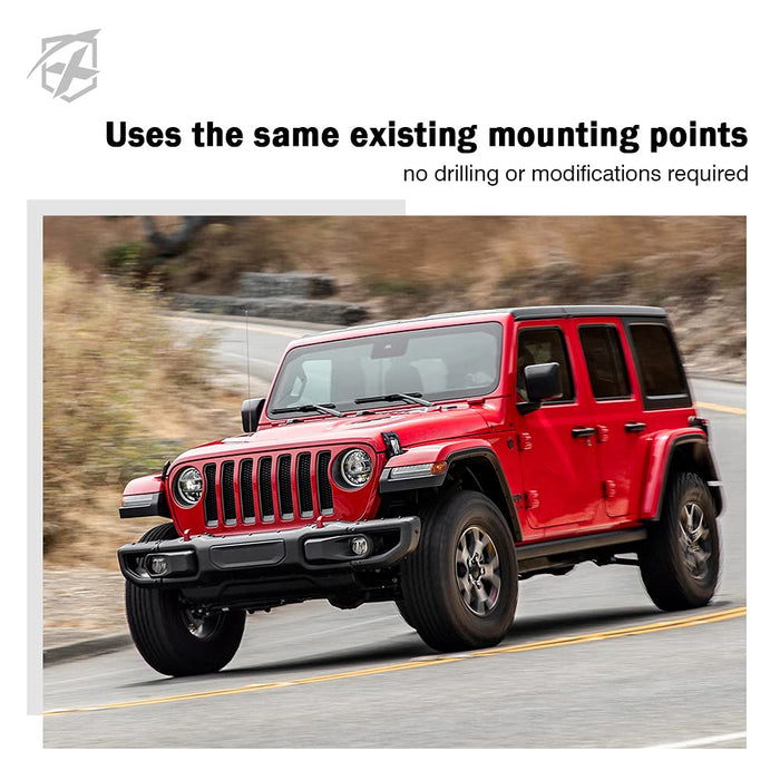 Red Jeep Wrangler driving on a road with text about mounting points.