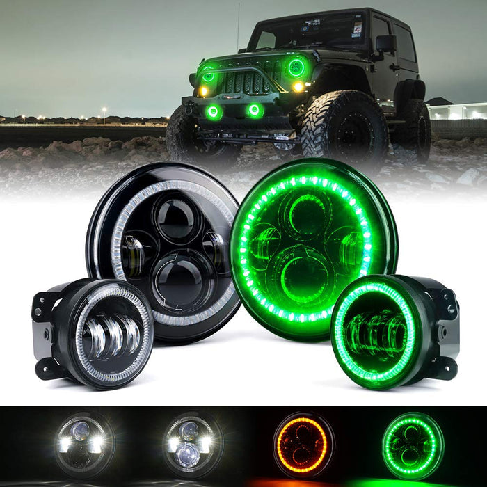 Xprite Green Halo LED Headlights & Fog Lights Combo for 2007-2018 Jeep Wrangler JK – DOT Approved Hi/Low Beam