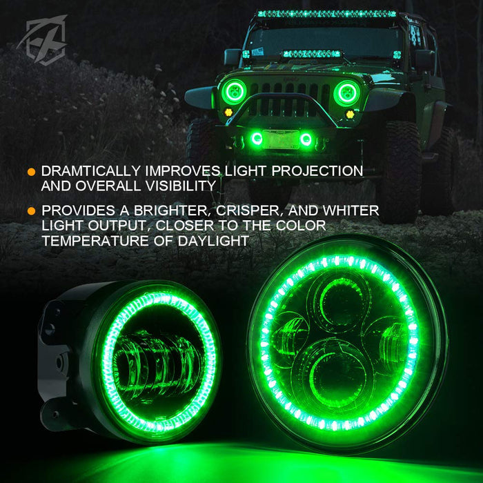 Xprite Green Halo LED Headlights & Fog Lights Combo for 2007-2018 Jeep Wrangler JK – DOT Approved Hi/Low Beam