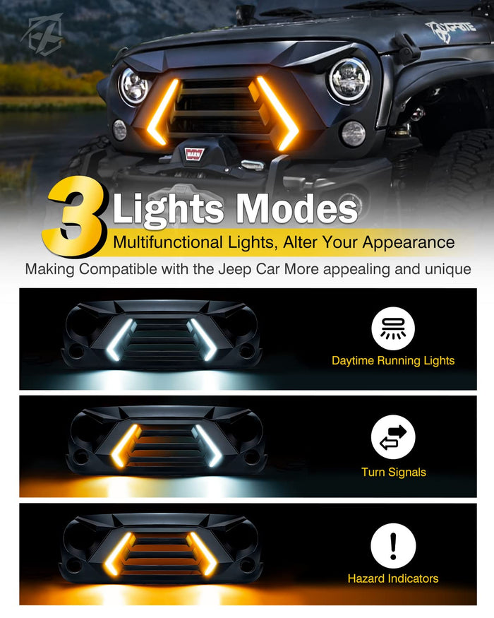 Xprite Grille with Turn Signal and Daytime Running Lights for  Jeep Wrangler JK JKU | Vader Series