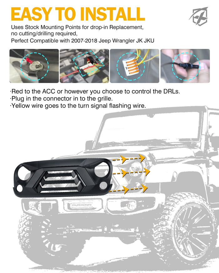 Xprite Grille with Turn Signal and Daytime Running Lights for  Jeep Wrangler JK JKU | Vader Series