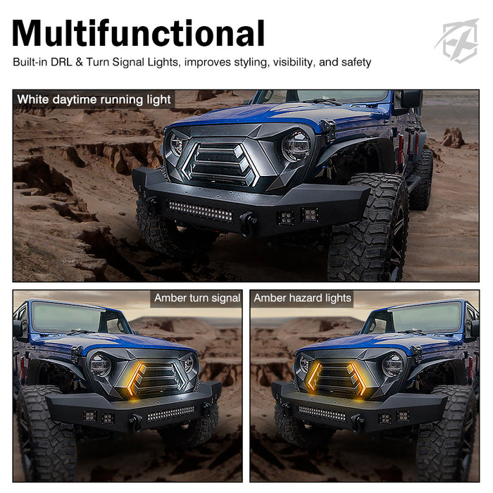 Xprite Jeep JL/JT Angry Grille with LED Daytime Running Lights & Turn Signals  | Vader Series