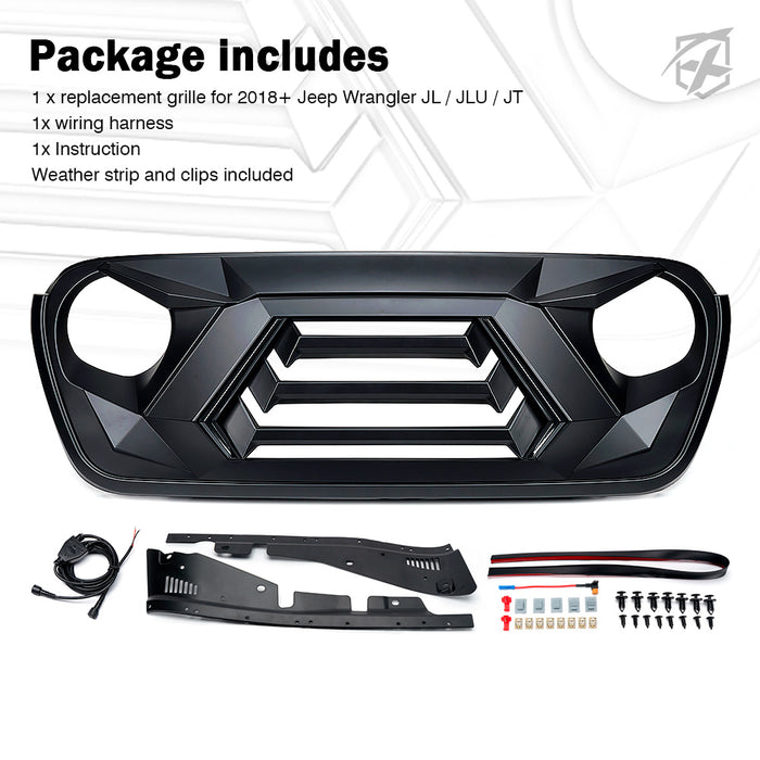 Xprite Jeep JL/JT Angry Grille with LED Daytime Running Lights & Turn Signals  | Vader Series