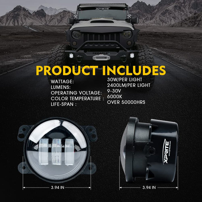 Xprite Jeep Wrangler Fog Lights, 4" Round 60W – Plug & Play LED Fog Lights for 2007-2018 JK & 2018+ JL Gladiator JT