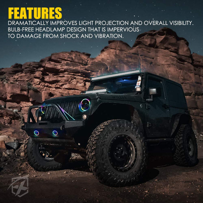 Xprite Jeep Wrangler JK LED Lighting Upgrade Kit | 7" RGB Halo Headlights, 4" Fog Lights, Turn Signals & Tail Lights