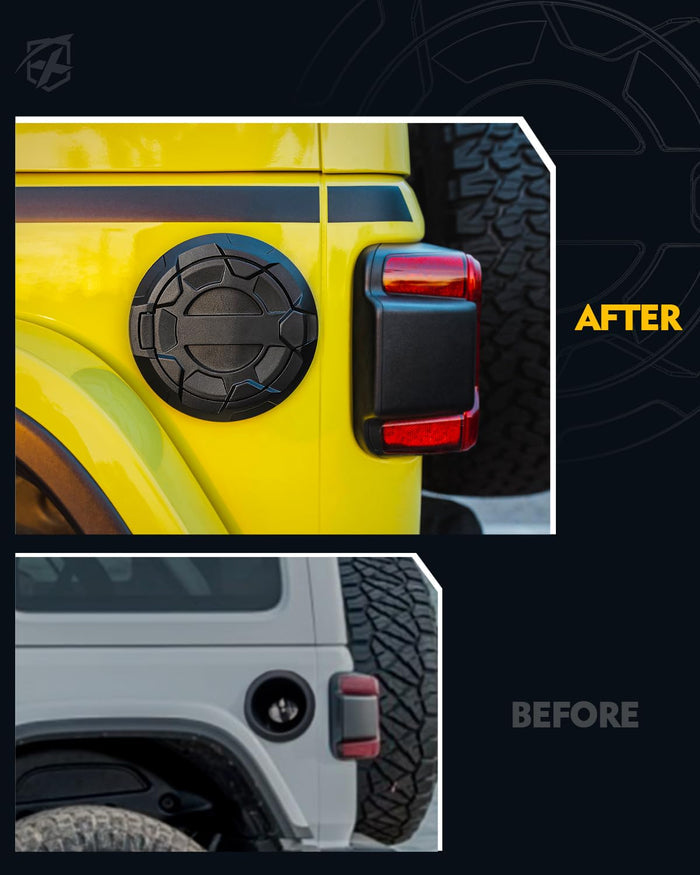 Before and after comparison of a vehicle's fuel cap cover on a black background.