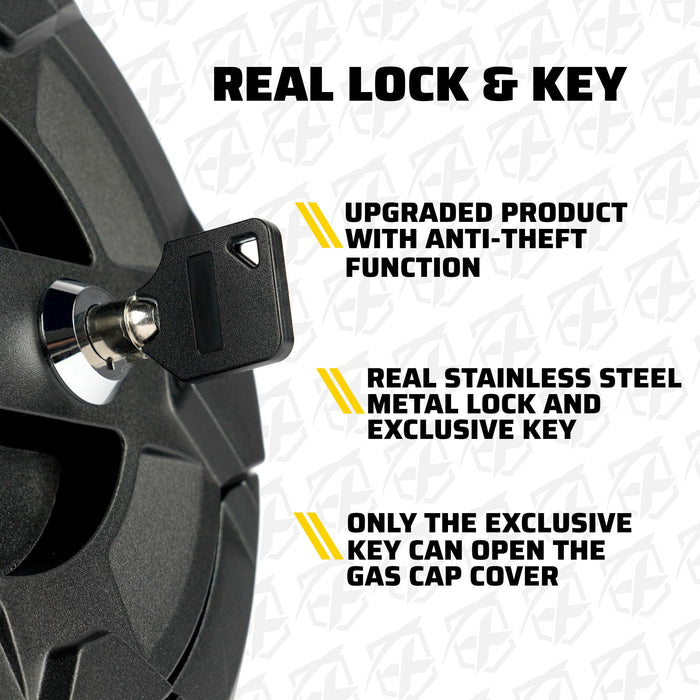 Gas cap with lock and key mechanism on a white background
