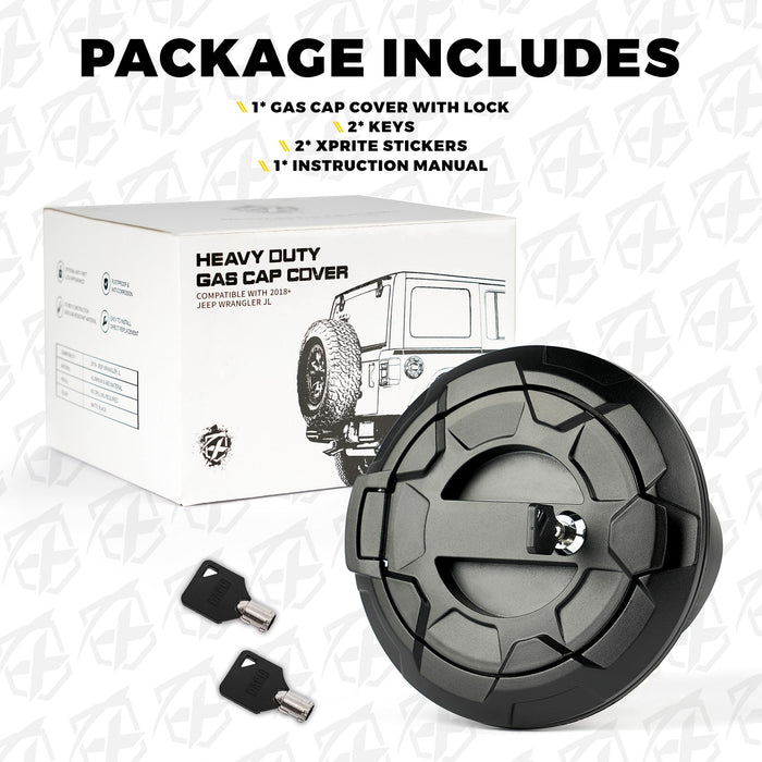 Heavy-duty gas cap cover with lock, keys, and Xprite stickers on a white background.
