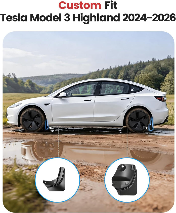 Xprite Mud Flaps for Tesla Model 3 Highland 2024–2026 | No-Drill Splash Guards Set