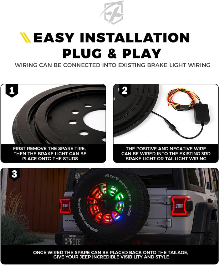 Xprite RGB Spare Tire Brake Light with Dual Control for 2018-2025 Jeep Wrangler JL/JLU Cable Extension