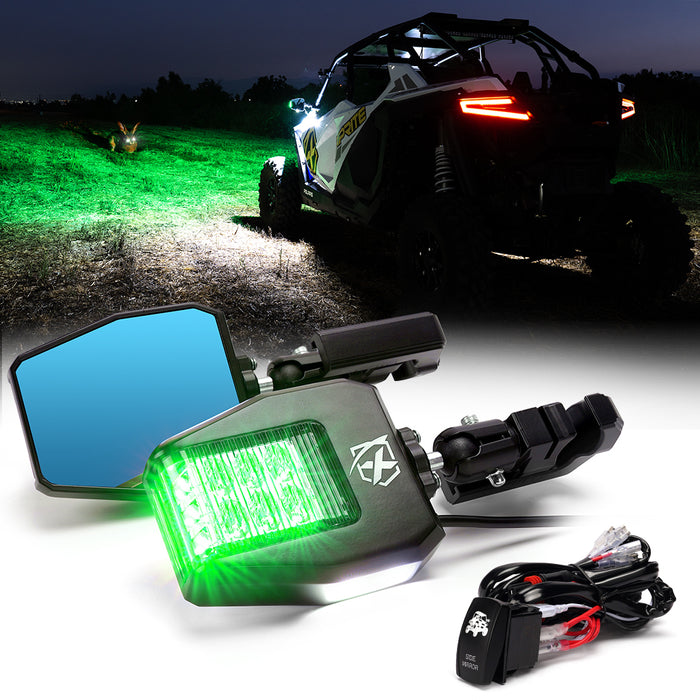 Xprite UTV Side Mirror Lights with Green Hunting Lights for 1.75" - 2" Roll Cage Bar