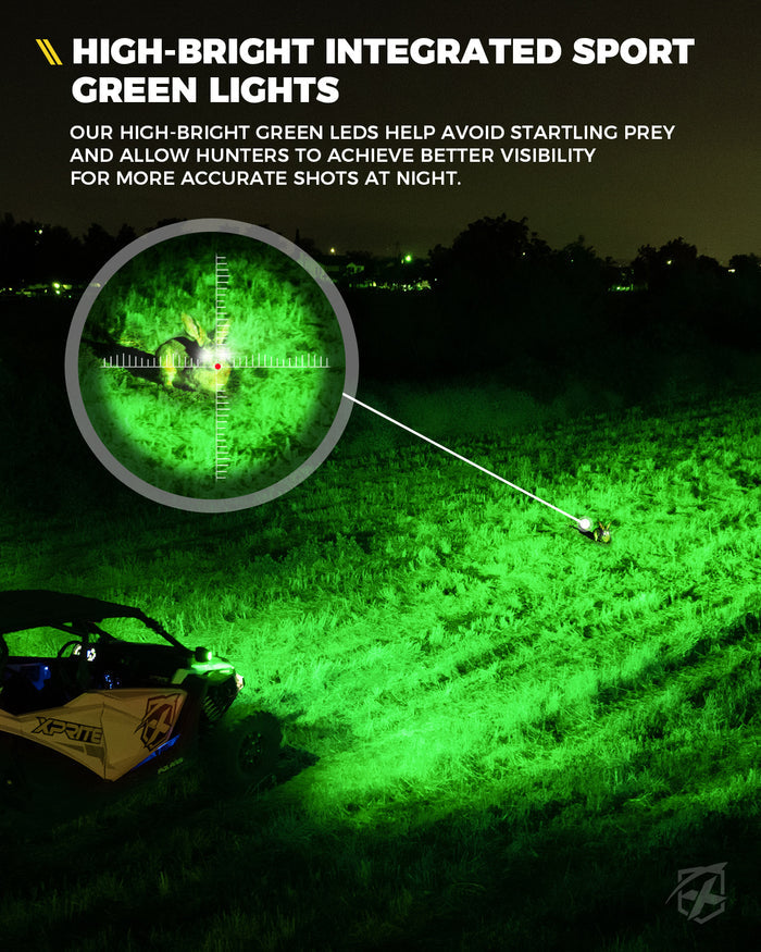 Xprite UTV Side Mirror Lights with Green Hunting Lights for 1.75" - 2" Roll Cage Bar