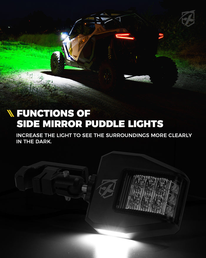 Xprite UTV Side Mirror Lights with Green Hunting Lights for 1.75" - 2" Roll Cage Bar