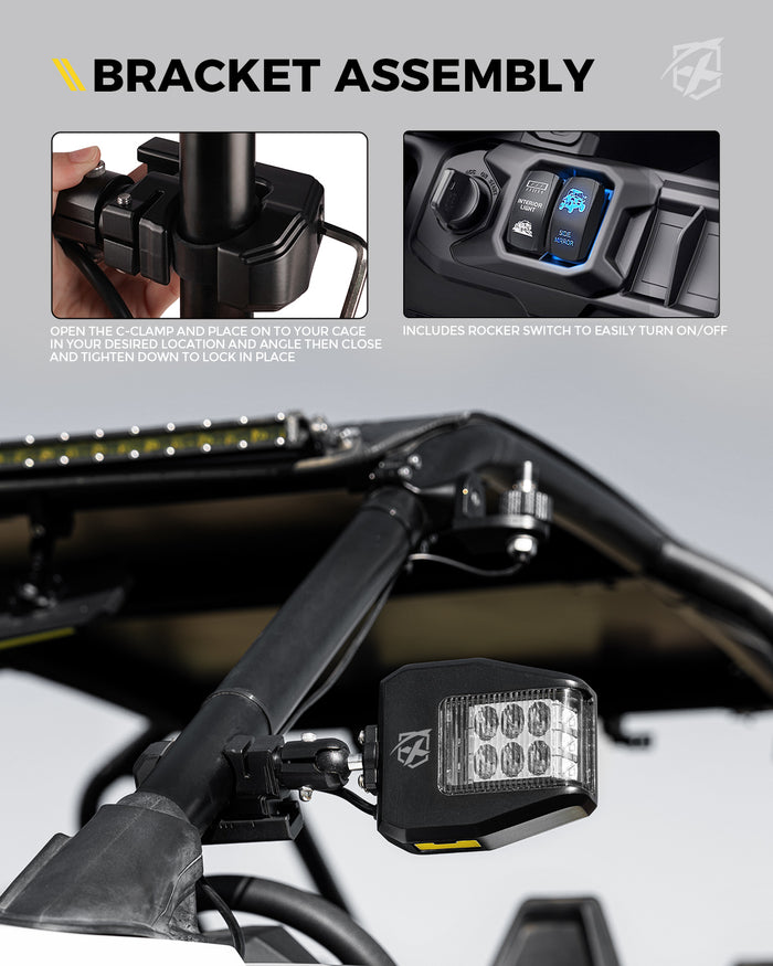 Xprite UTV Side Mirror Lights with Green Hunting Lights for 1.75" - 2" Roll Cage Bar