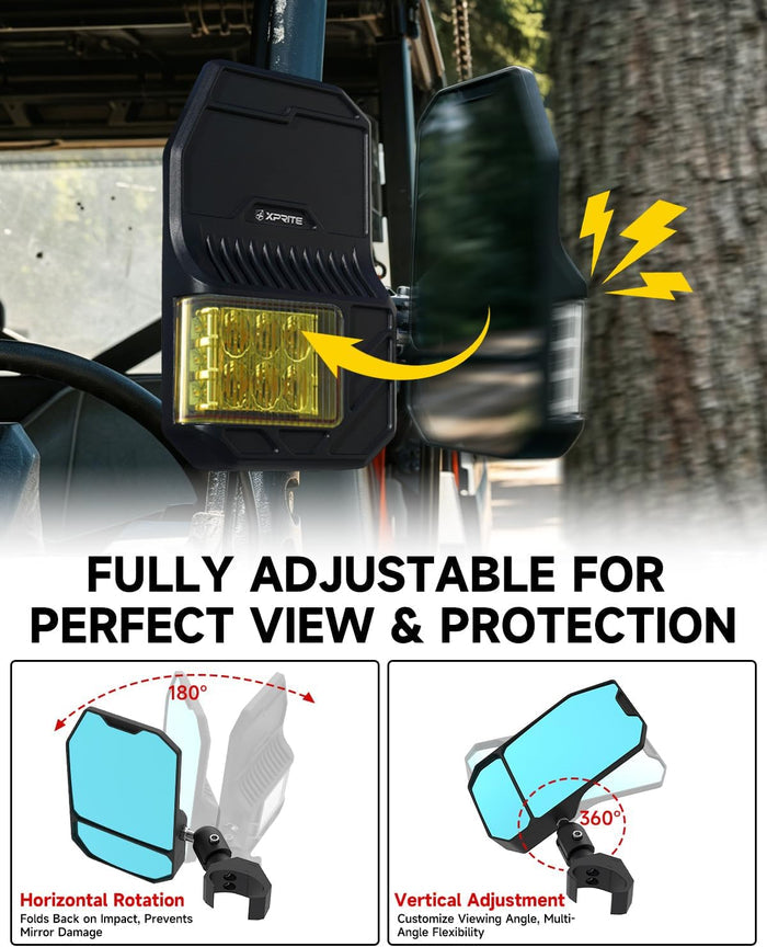 Xprite UTV Side Mirrors w/Amber LED Spot Lights & Signals for Pro-Fit Cage
