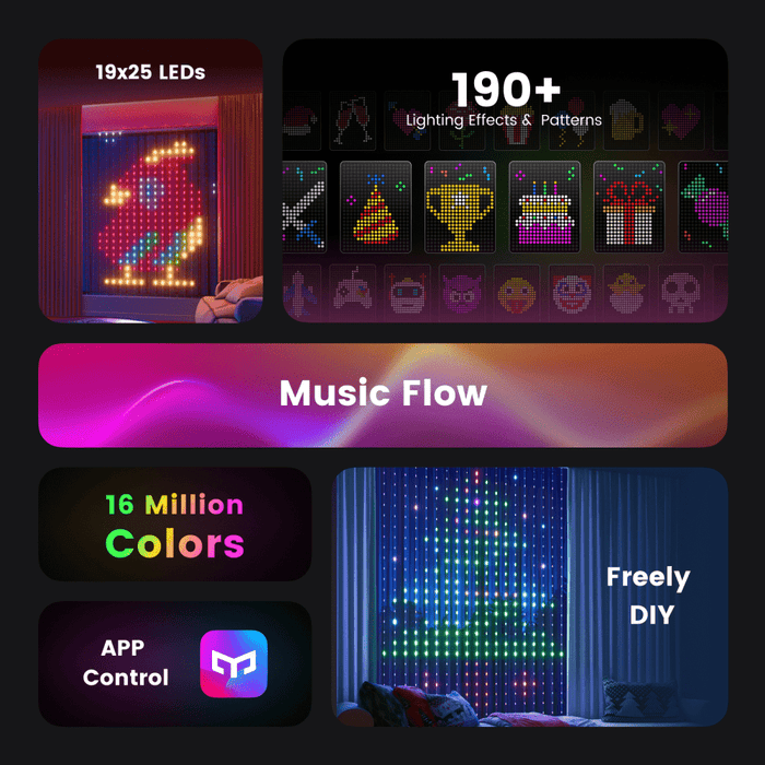 Long-lasting LED curtain lights with 16 million color options and individually controllable LEDs.